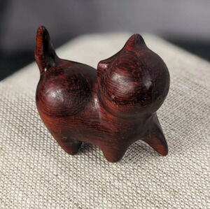 Wooden hand carved cat statue figurine kitty rose wood color, tail up prancing